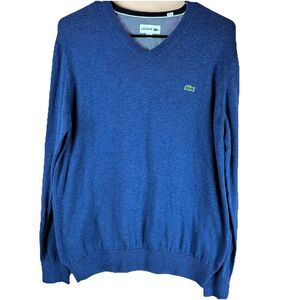 Izod Lacoste Mens Size L Blue V-Neck Long Sleeve Pullover Cotton Knit Sweater